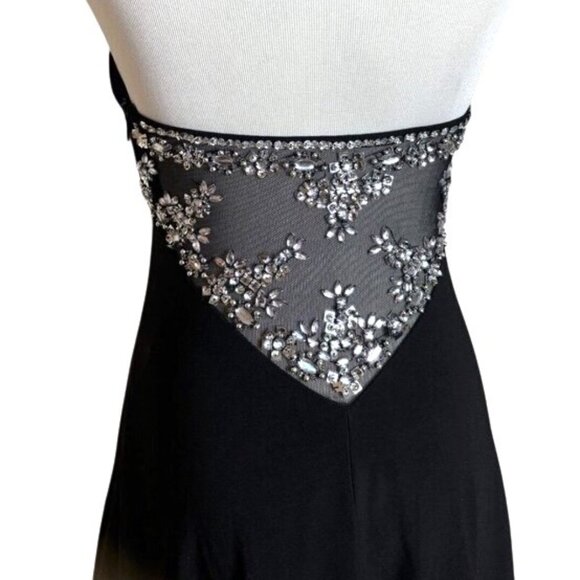Black Halter Jeweled Jersey Cocktail Mini Dress XS Mesh Back Morgan & Co. Flowy - Picture 4 of 7